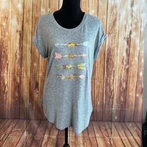True Self Gray Graphic T-Shirt Floral Arrow Print Short Sleeve Women’s Size L